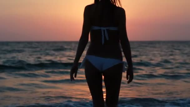 Silhouette of a girl in the water at sunset. — Stock Video