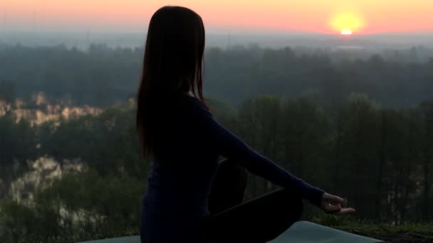 Mujer del yoga sobre fondo verde del parque — Vídeo de stock