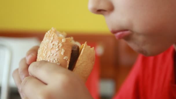 Молодий хлопчик їсть бутерброд — стокове відео