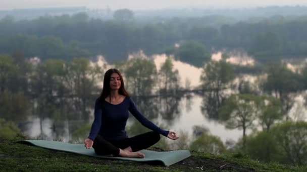 Yoga woman on green park background — Stock Video