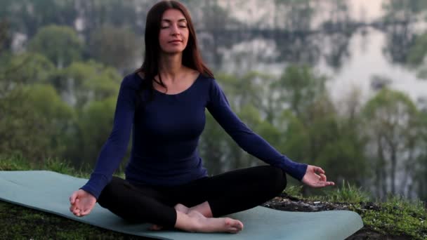 Жінка йога на фоні зеленого парку — стокове відео