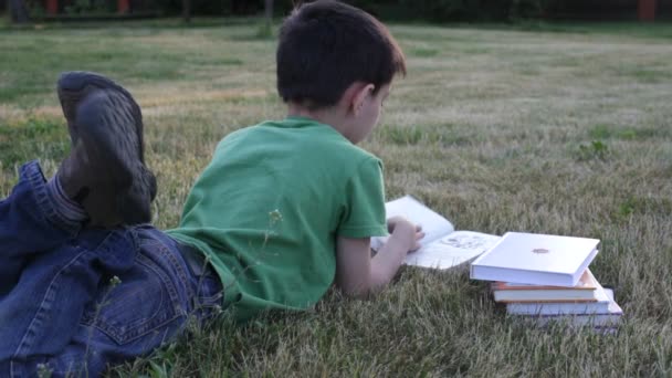 Pojke läser bok utomhus — Stockvideo