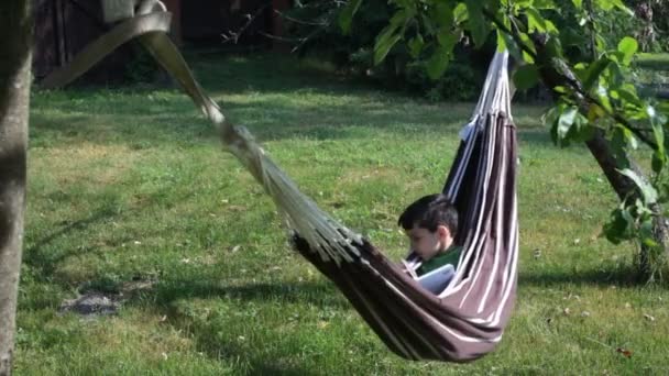 Boy reading a book in hammock — Stock Video