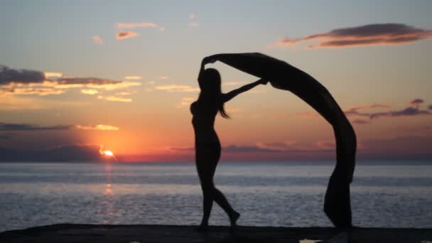 Ευτυχισμένη γυναίκα, χορός στην παραλία στο ηλιοβασίλεμα με φόντο της θάλασσας — Αρχείο Βίντεο
