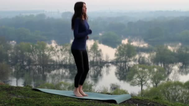 Жінка йога на фоні зеленого парку — стокове відео