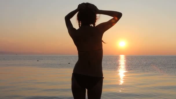 Gelukkige vrouw dansen op het strand bij zonsondergang met zee achtergrond — Stockvideo