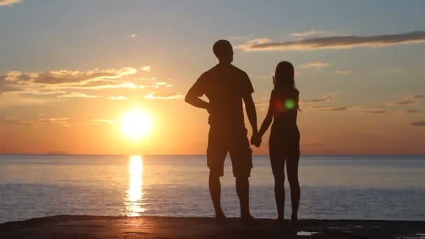 Couple silhouette at the beach. Sunset light. — Stock Video