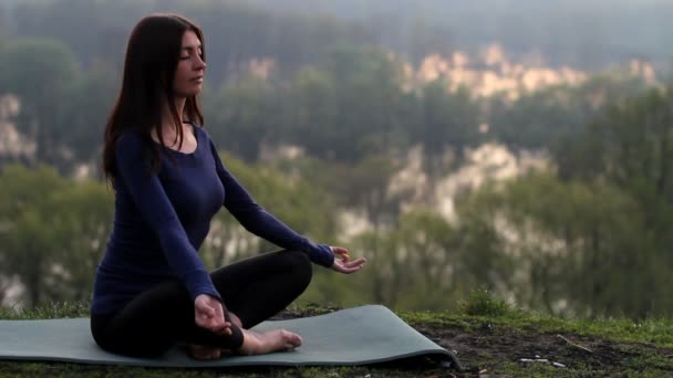 Yoga woman on green park background — Stock Video