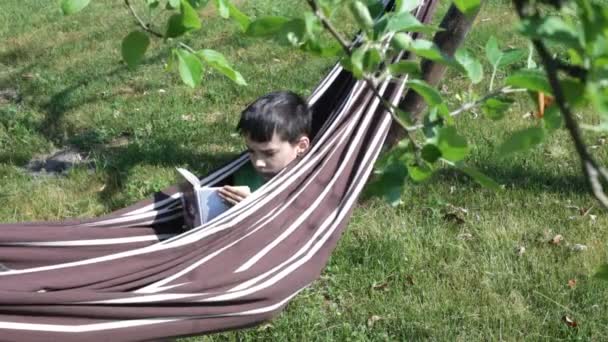 Boy reading a book in hammock — Stock Video