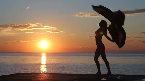 Szczęśliwa kobieta taniec na plaży o zachodzie słońca na tle morza — Wideo stockowe