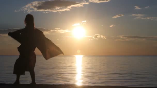 Femme heureuse dansant sur la plage au coucher du soleil avec fond de mer — Video