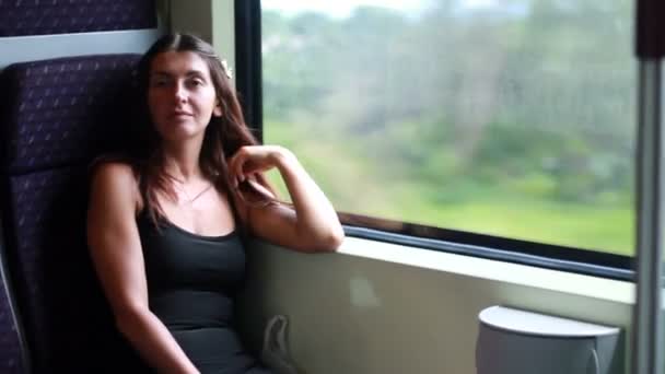 Young woman traveling by train — Stock Video