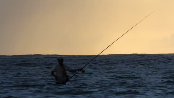 Il pescatore, tramonto, mare, sole — Video Stock