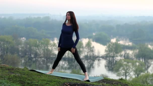 Mulher de ioga no fundo do parque verde — Vídeo de Stock