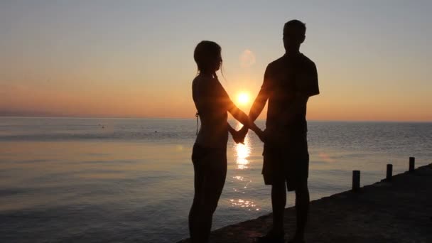在海滩上的情侣剪影。夕阳的光辉. — 图库视频影像