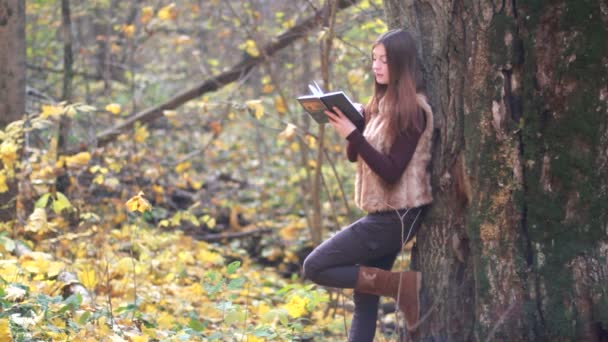 Красива дівчина з книгою в осінньому парку — стокове відео