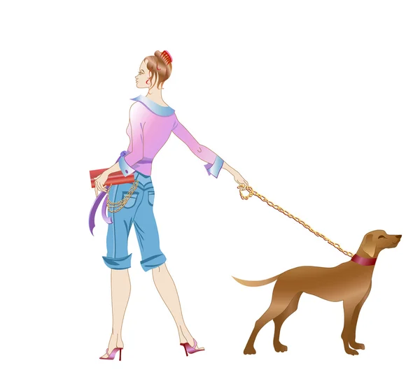 Chica y un perro — Vector de stock