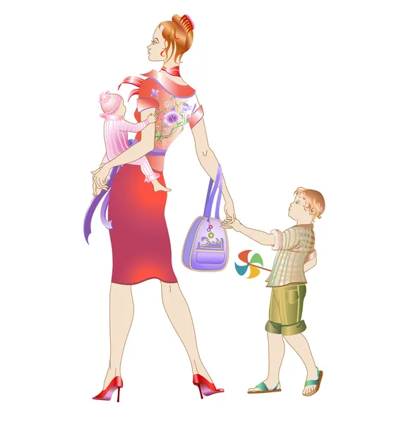 Joven madre caminando con sus hijos — Vector de stock