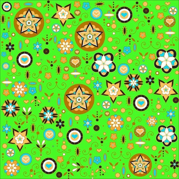 Flores y hojas patrón retro sobre el fondo verde — Vector de stock