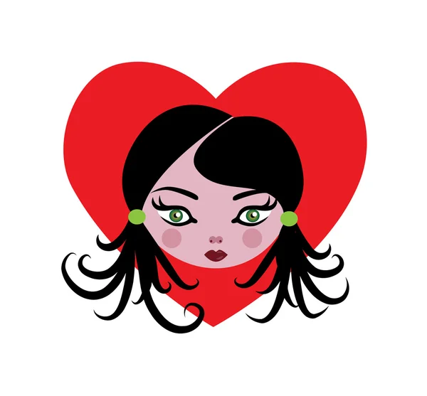 Niña en el fondo rojo del corazón — Vector de stock