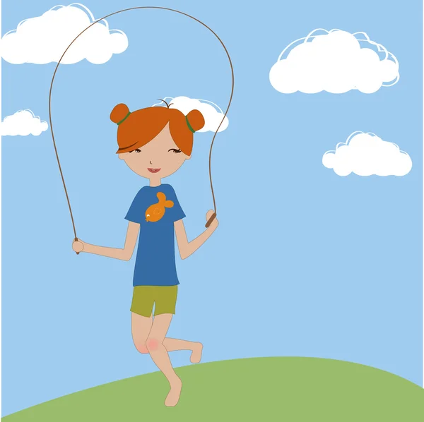 La niña saltando con la cuerda saltando — Vector de stock