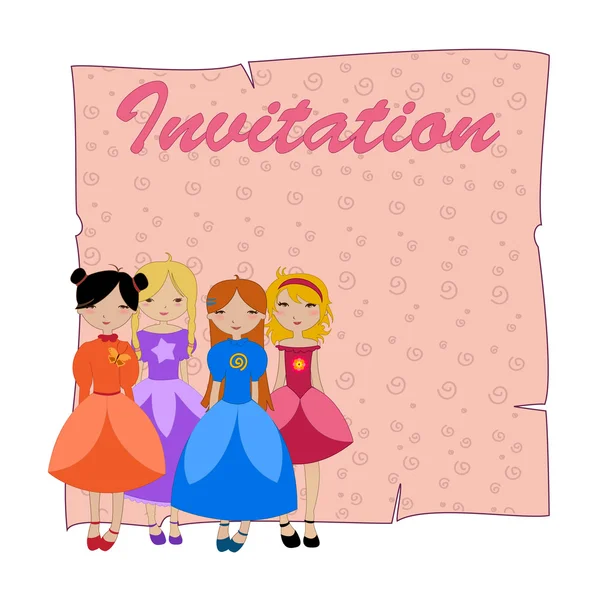 Belle invitation avec quatre petites filles — Image vectorielle