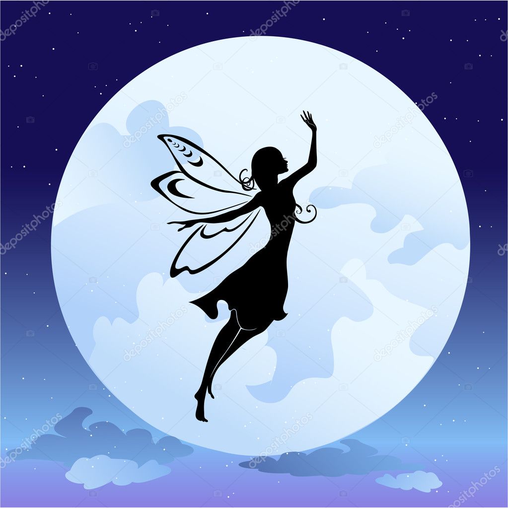 Flying fairy silhouette in night