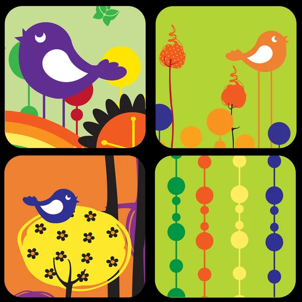 Cartes de voeux design avec des oiseaux et des arbres de style rétro — Image vectorielle