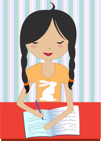 Little girl sitting at a desk and writing — Stock Vector