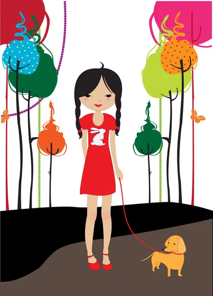 Young girl walking with the dog — Stock Vector