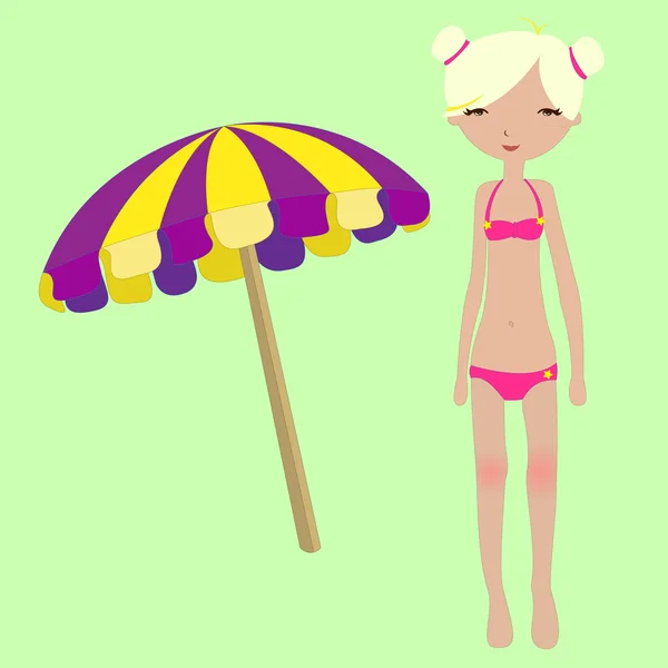 Grappige zomer achtergrond met het kleine meisje en parasol — Stockvector