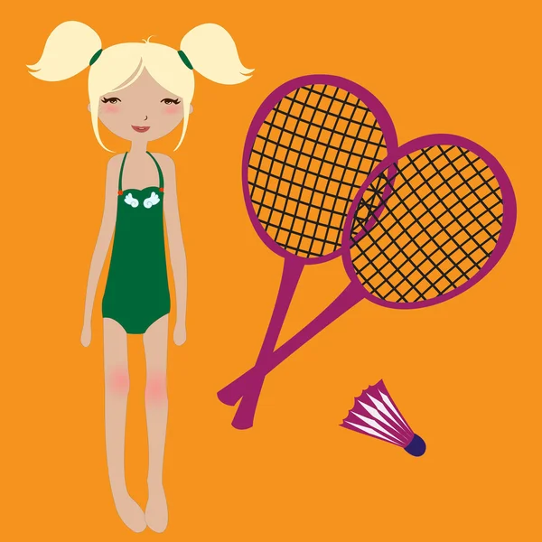 Raquettes petite fille et badminton — Image vectorielle