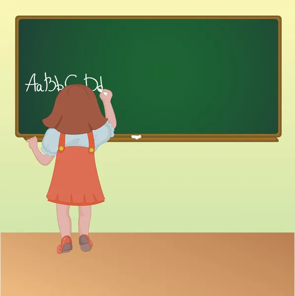 Pequeña colegiala escribiendo en una pizarra — Vector de stock