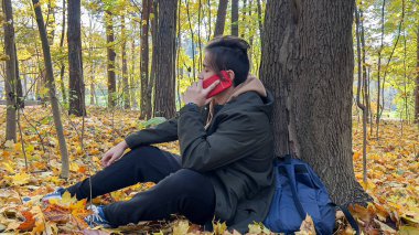 Sonbahar ormanındaki bir ağacın yanında oturan bir genç akıllı telefondan iletişim kuruyor. Boş zaman ve uzak iletişim kavramı.