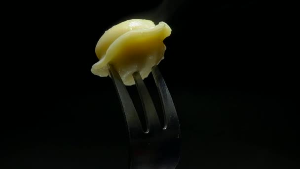 フォークの上の新鮮なホット餃子は暗い背景で回転します 鍵が低い 生鮮食品の概念 — ストック動画