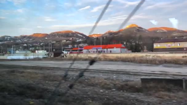 View Passenger Train Window Entrances Pyatigorsk Russia Stavropol Territory Mountain — Stockvideo