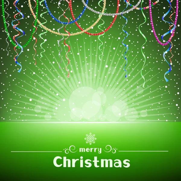 Christmas green card with light and snow around — Stock Vector