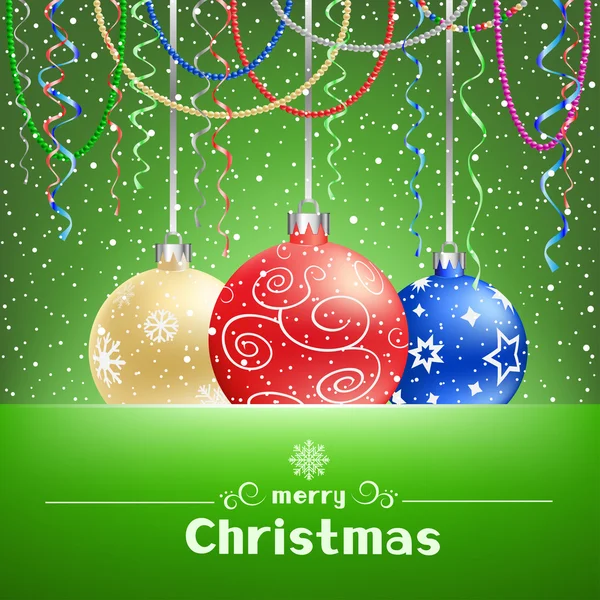 Zöld-kártya karácsonyi baubles és hó ezen a környéken: — Stock Vector