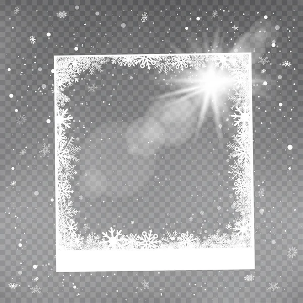 クリスマスの正方形の写真雪のフレームテンプレート 灰色の透明な背景に雪の長方形のモックアップ 雪の結晶氷の絵の装飾 — ストックベクタ