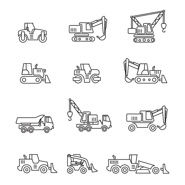 Special Machinery Tractor Outline Icons Set Isolated White Background Construction — Stock Vector