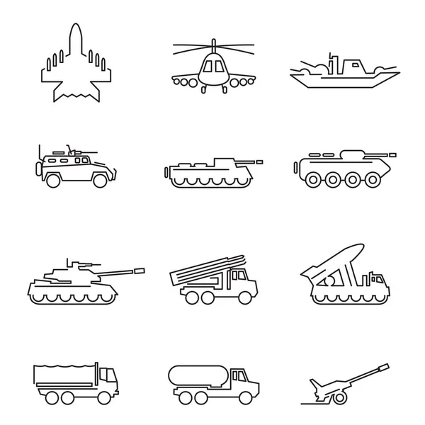 Guerre contour transport icône signe symboles ensemble — Image vectorielle