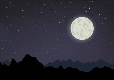 Yıldızlı gece gökyüzü ve ay ışığında dağlar. Çizgi film yıldızları astronomi illüstrasyonu. Ay ışığı dağ silueti