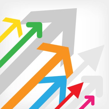 Renkli oklar beyaz arkaplanda başarı işareti oluşturuyor. İş büyümesi sembolü. Finansal kar şablonu