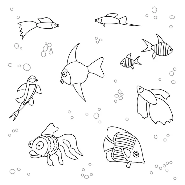 Aquarium Outline Fish Set Isolated White Background Black White Tropical — Image vectorielle