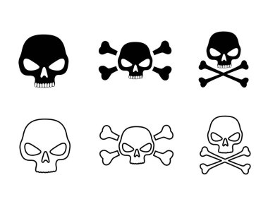 Skull silhouette outline sticker icon set isolated on white background. Danger toxic of poisoning sign symbol collection