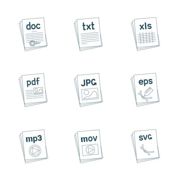 Ikony Rozszerzenia Plików Graficznych Tekstowych Ustawione Białym Tle Pliki Typu — Wektor stockowy
