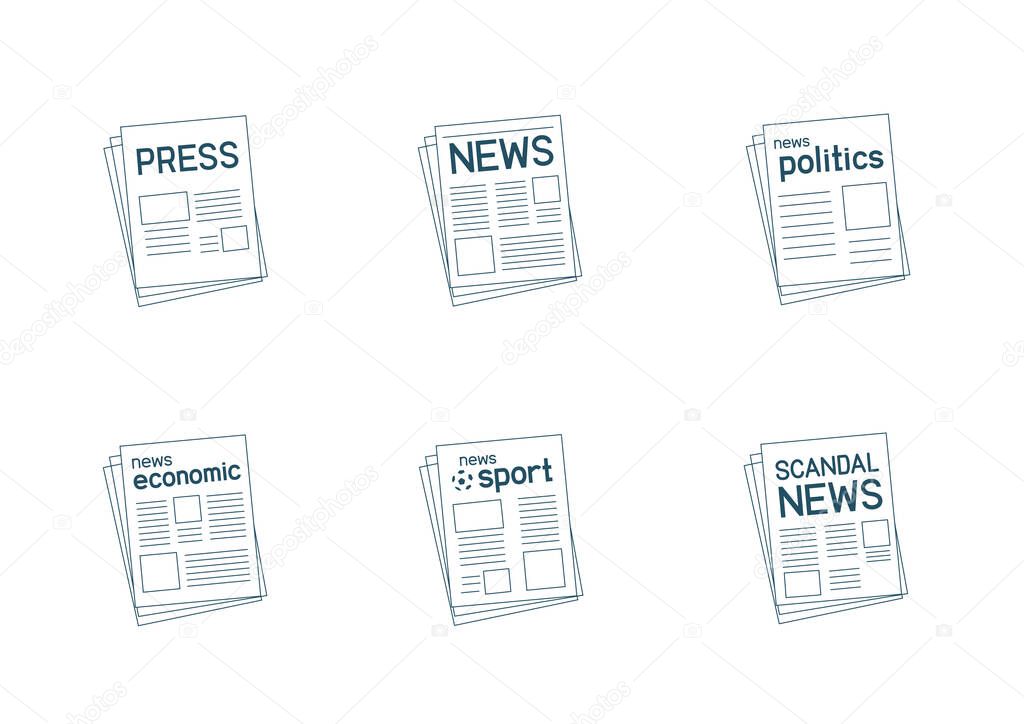 Los medios de prensa esbozan iconos aislados sobre fondo blanco