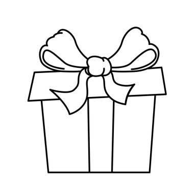 Beyaz arka planda izole edilmiş kurdele taslak ikonu olan bir Noel hediyesi. Tatil kutlaması hediye kutusu simgesi