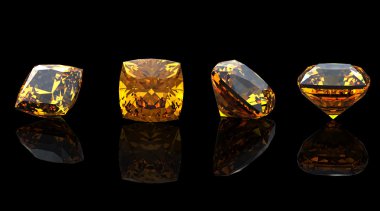 Kare. Citrine. Siyah arkaplanda mücevher koleksiyonu