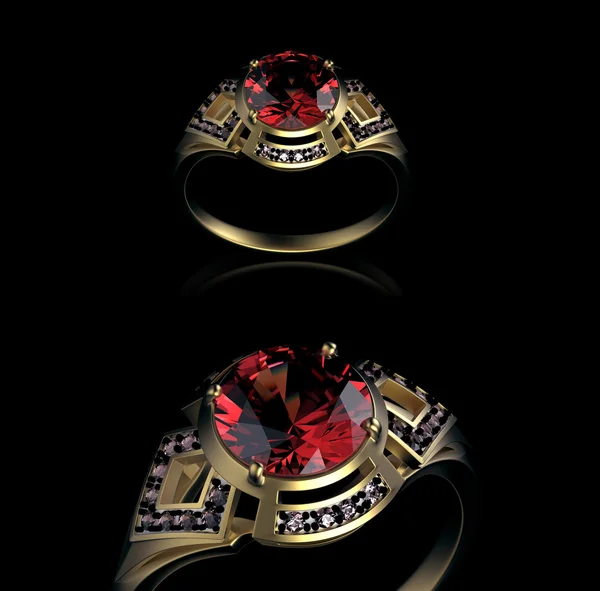 Золотое свадебное кольцо с бриллиантом. Символ праздника. Рубиновый драгоценный камень — стоковое фото